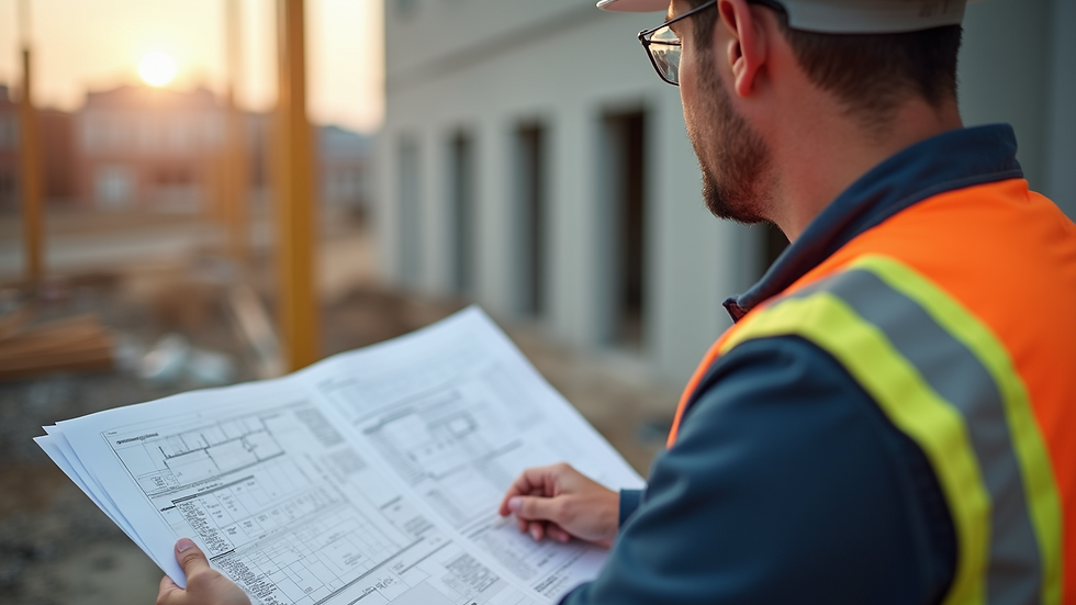 Close-up view of a contractor reviewing renovation plans on site