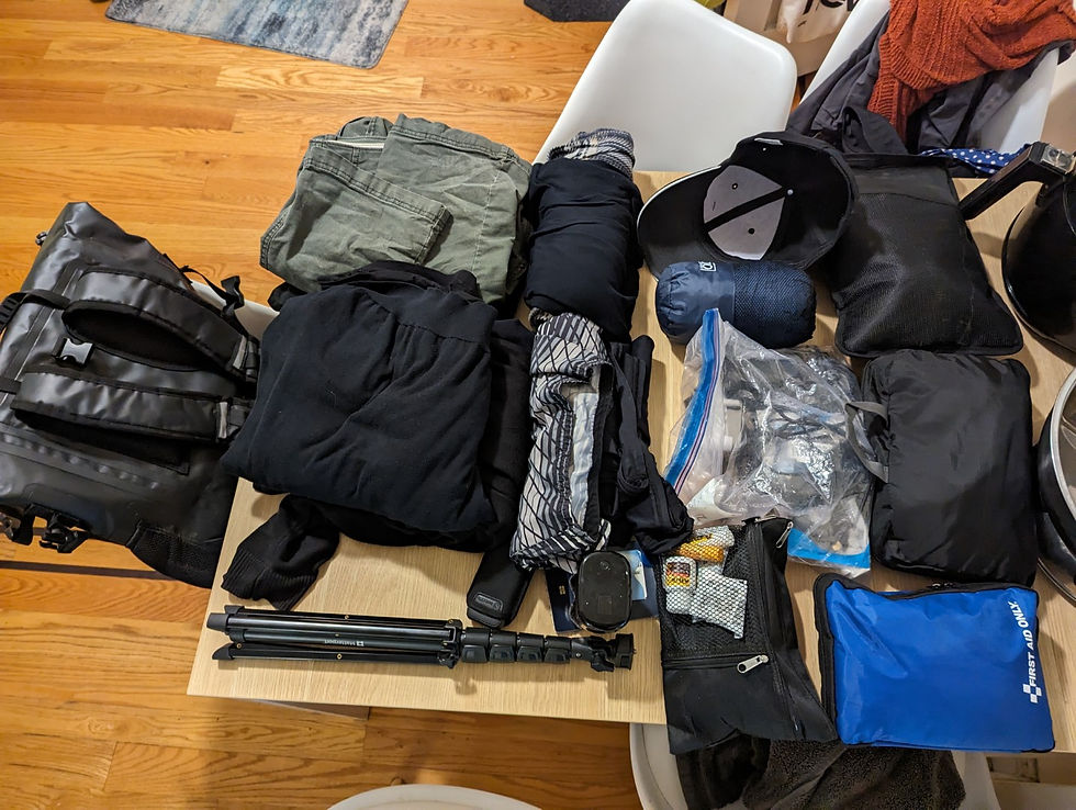 An example layout of clothing and supplies to pack in a backpack on a walking holiday