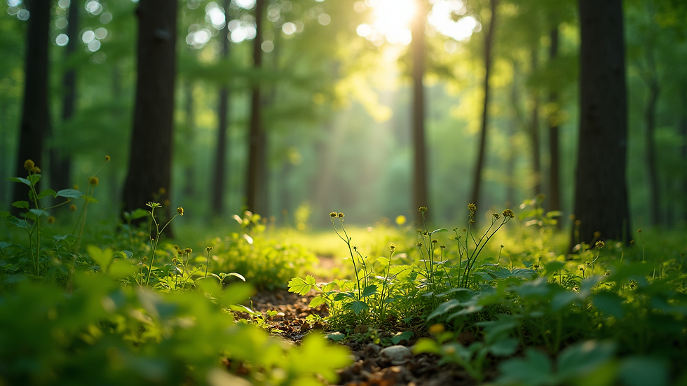 Eye-level view of a lush green forest with sunlight filtering through the trees