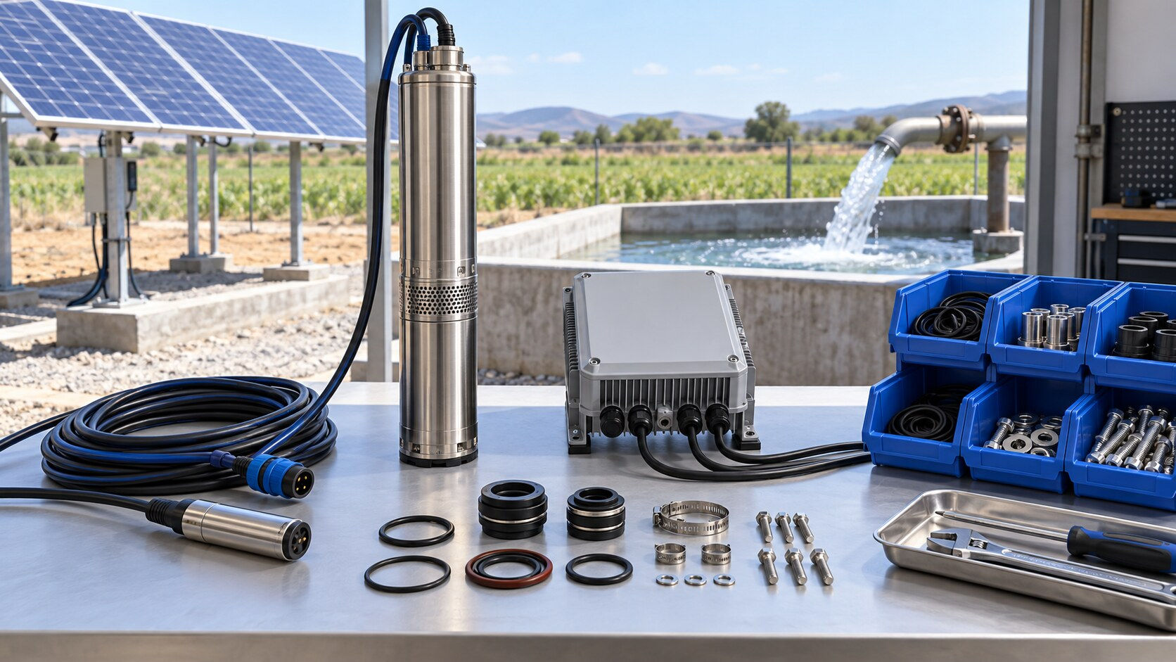 Concept illustration of a solar water pump, controller, cables, seals, and organized service spares for replacement planning