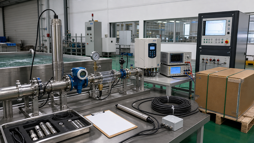 Submersible solar water pump system undergoing hydraulic and electrical factory acceptance testing