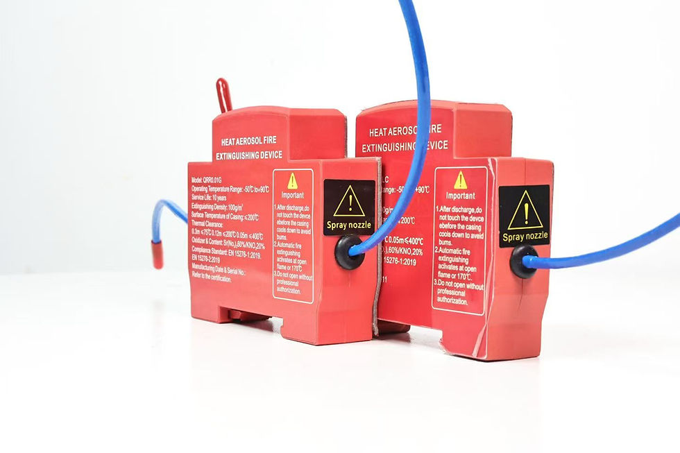 Compact red aerosol fire suppression devices shown as real product references before adhesive mounting surface preparation