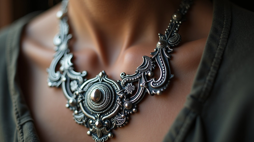 Close-up view of a handcrafted silver necklace with intricate designs