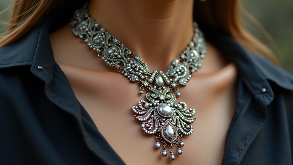Close-up view of a beautifully crafted necklace with intricate designs