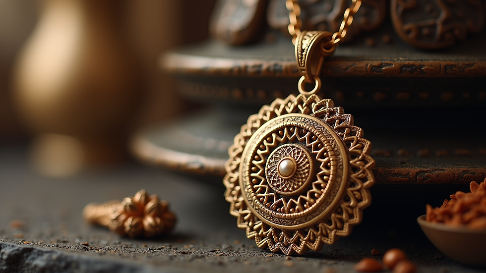 Close-up view of a beautifully crafted pendant with intricate designs