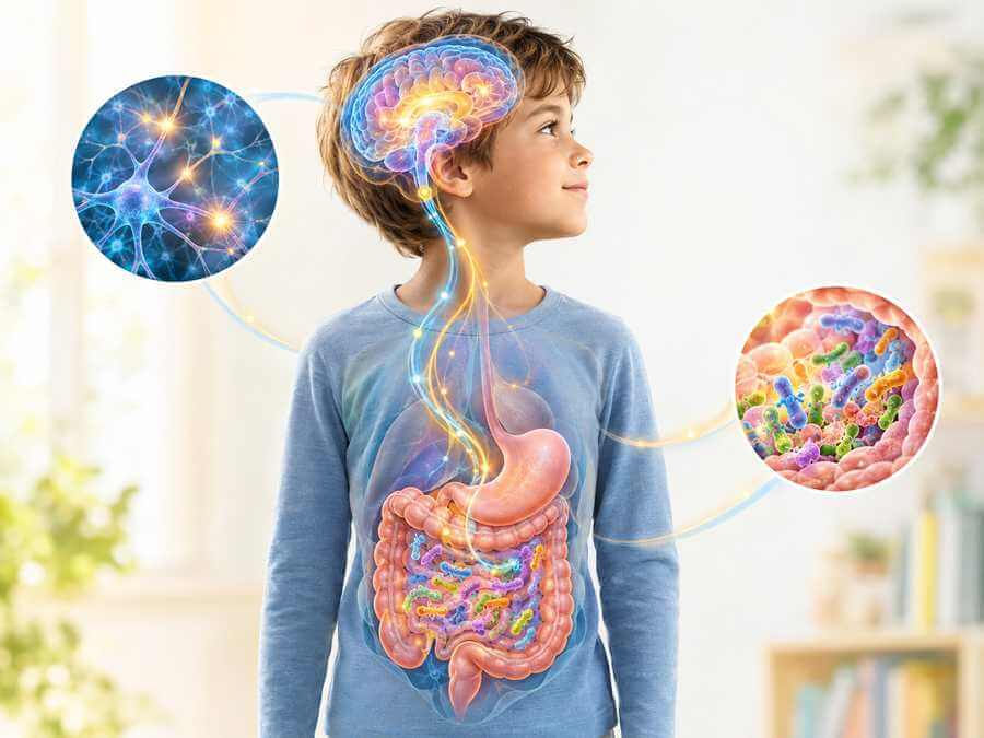 Illustration showing the connection between gut health and the brain in children