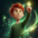 A young boy with red hair points at a glowing star, surrounded by green and gold sparkles, creating a magical atmosphere.