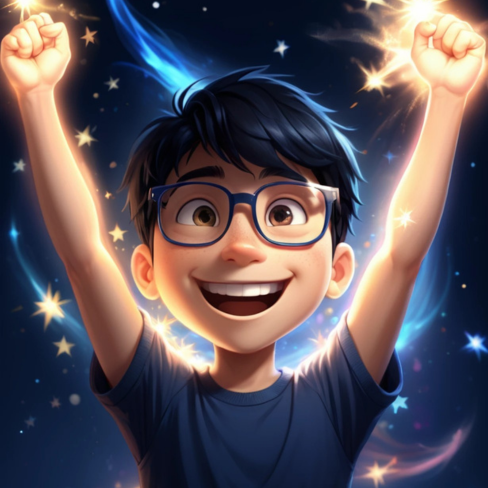 A boy with glasses joyfully raises his arms amid glowing stars and swirls on a dark background, wearing a blue shirt and smiling brightly.