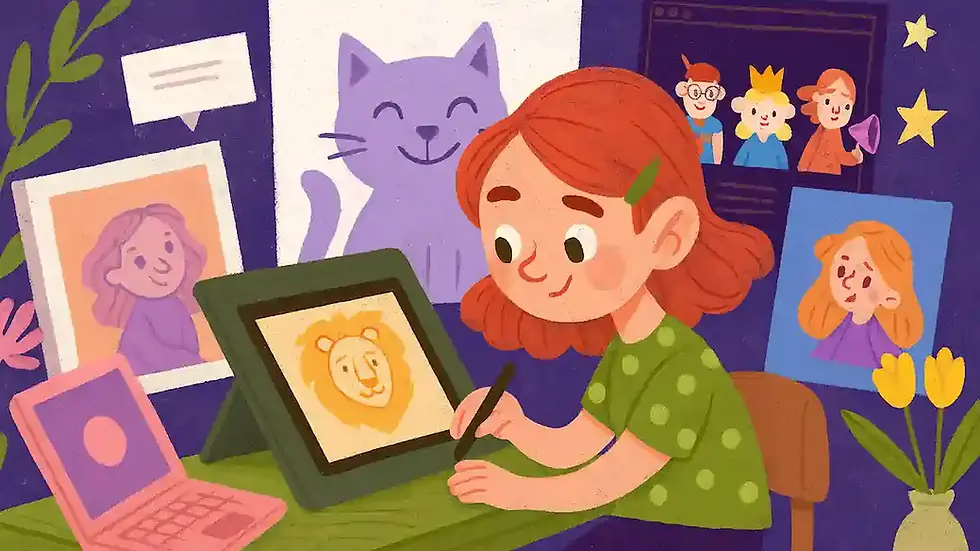 Що таке ілюстрація – ілюстратор малює лева на графічному планшеті. Фіолетовий фон, поруч ноутбук, квіти, портрети та зображення кота. Веселий настрій.