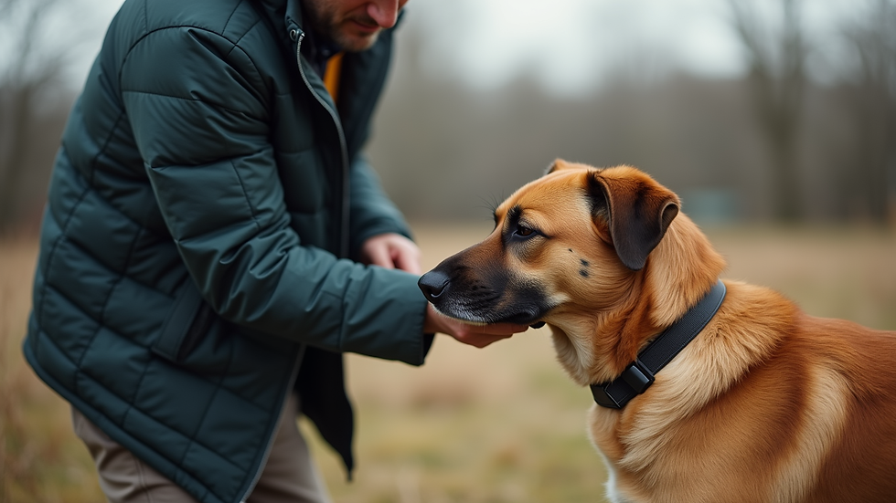 Eye-level view of a professional dog handler interacting with a dog