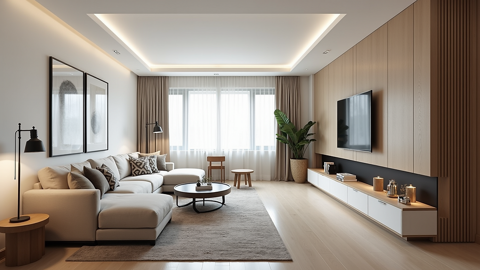 Wide angle view of a modern renovated living room after water damage restoration