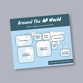The cover of the AP World History review guide, featuring a world map with clickable buttons that link to history timelines