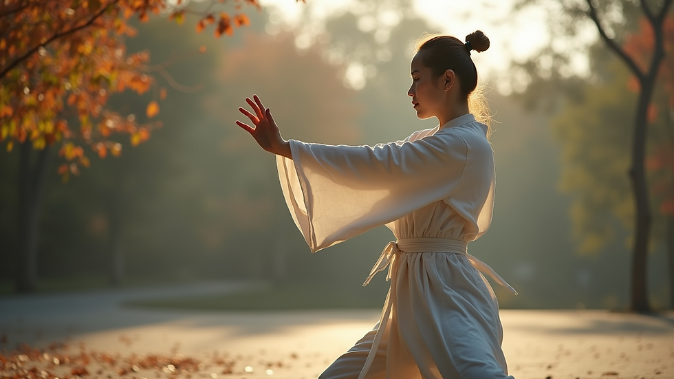 Close-up view of Taichi practitioner performing slow movement outdoors