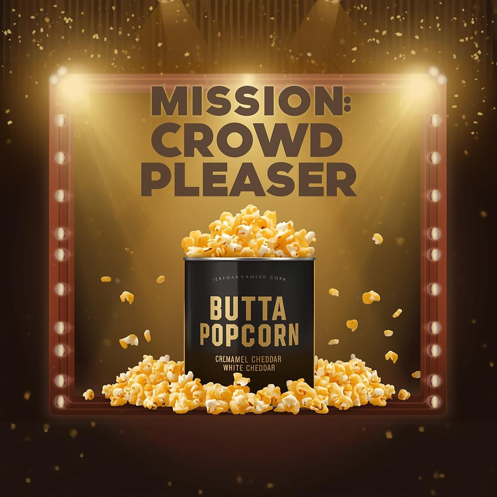 Butta Popcorn Mission: Crowd Pleaser tin featuring three gourmet popcorn flavors