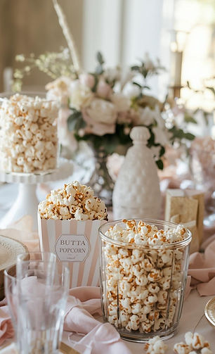 “Elegant baby or bridal shower table featuring Butta Popcorn displayed in glass jars and striped serving boxes, styled with soft blush linens, floral centerpieces, and delicate décor for a refined celebration setting.”