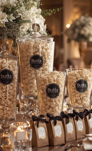 “Elegant wedding reception table featuring clear glass jars filled with Butta Popcorn, soft candlelight, white floral arrangements, and branded popcorn favor bags arranged for guests in a warm, upscale setting.”