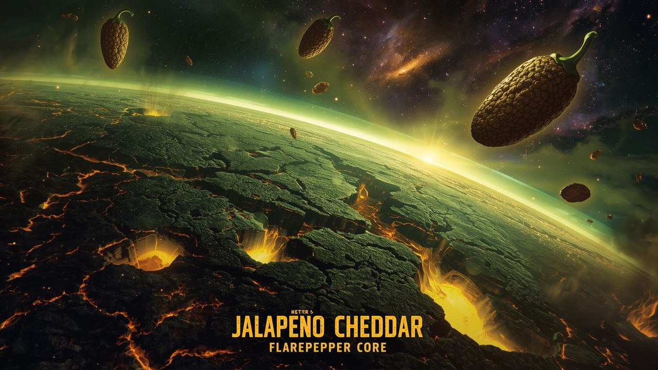 Illustration of Flarepepper Core, a jalapeño cheddar–inspired planet with fiery accents and molten core details