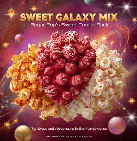 Cinematic product image of Sweet Galaxy Mix featuring Caramel , Red Velvet, and Happy Birthday Cake popcorn swirling in a pink and gold candy nebula with text “The Sweetest Adventure in the Flavorverse.”