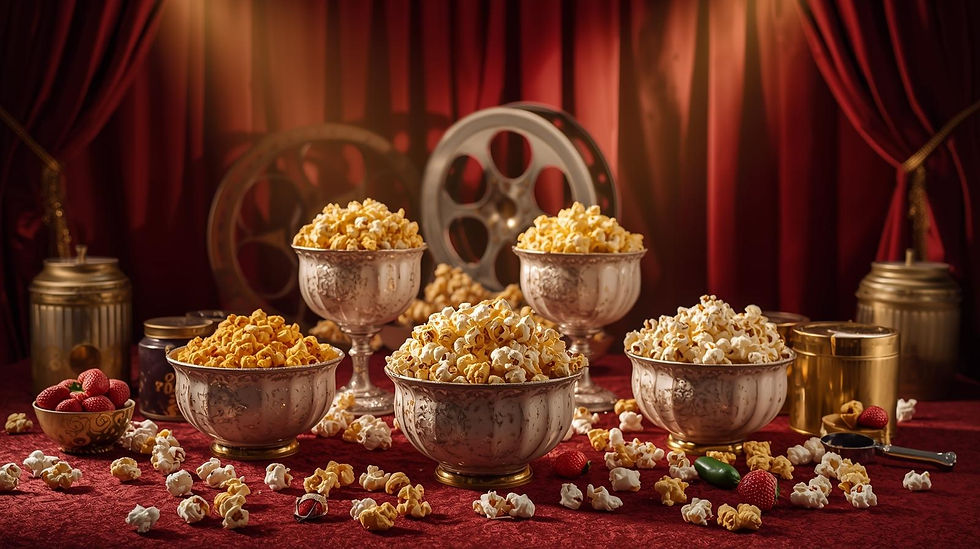 Assorted gourmet flavored popcorn in elegant bowls with caramel, cheddar, and classic varieties displayed in a cinematic vintage theater setting with red velvet curtains and film reels