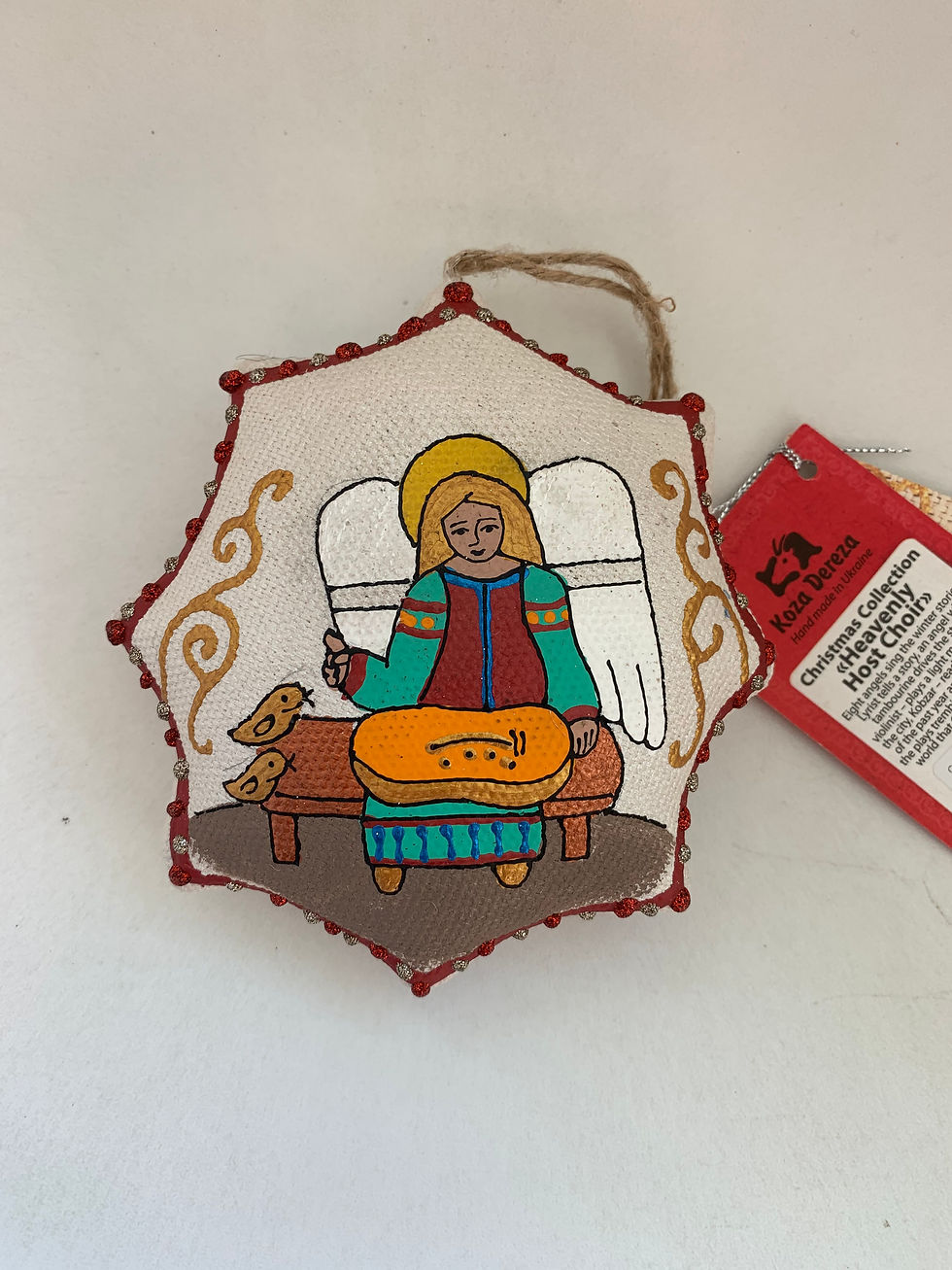 Miniatura: estrela de Natal de tecido pintado com anjo artesanato Ucrânia