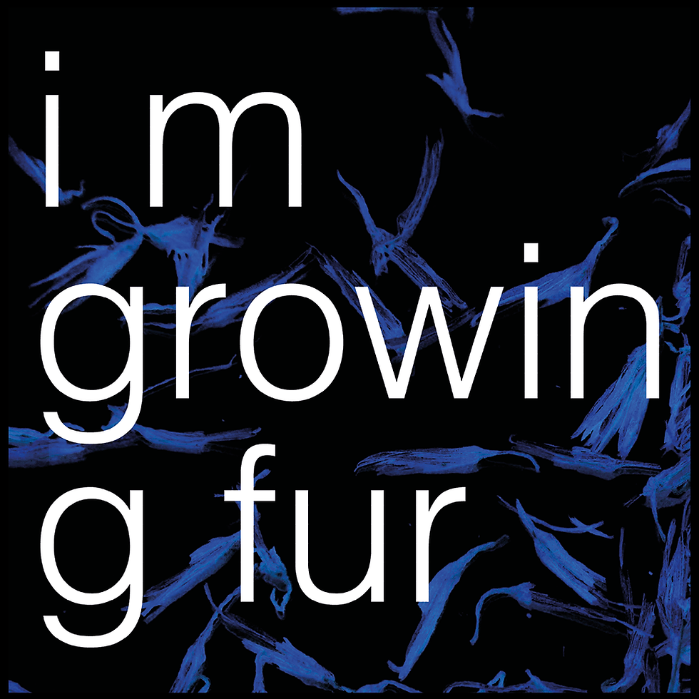 Logo i'm growing fur. Weiße Schrift auf schwarzem Hintergrund mit einem abstrakten, fedrigen Muster in dunkelblau.