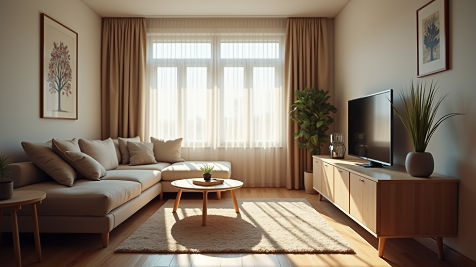 Eye-level view of a cozy, affordable apartment living room
