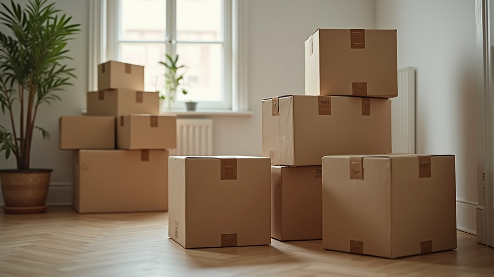 High angle view of neatly packed and labelled moving boxes stacked in a room