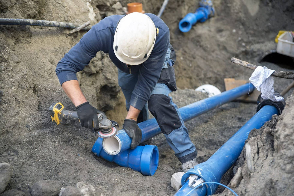 Plumbing using an angle grinder on sewer line pipe