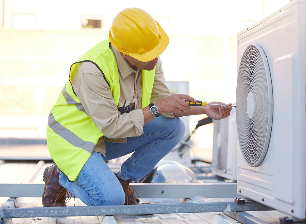 Air conditioning, technician or engineer on roof for maintenance, building or construction of fan