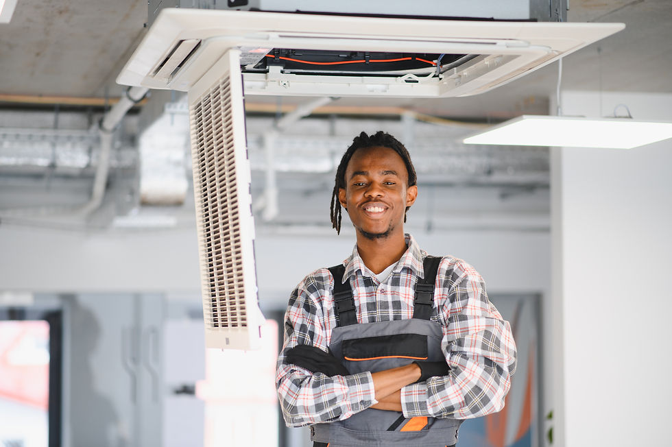 Hvac technician smiling after installing air conditioner unit
