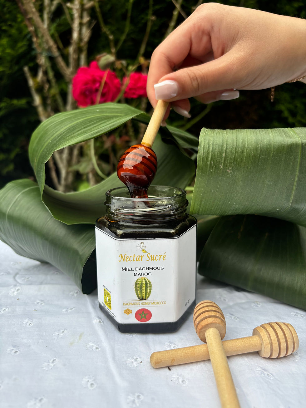 Pot ouvert de miel de daghmous du Maroc Nectar Sucré, cuillère en bois plongée dans le miel foncé, décor naturel.