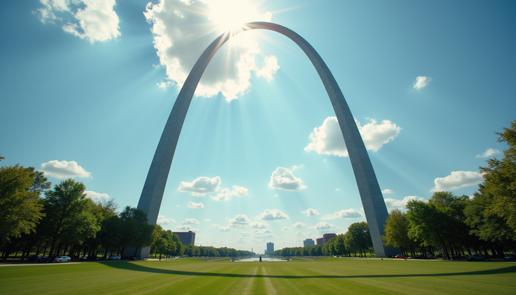 Eye-level view of the St. Louis Gateway Arch with summer blue skies