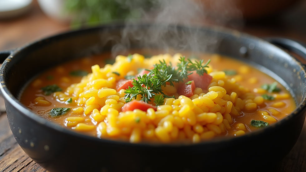 Plano detalle de arroz cocinándose en una paellera con caldo y verduras