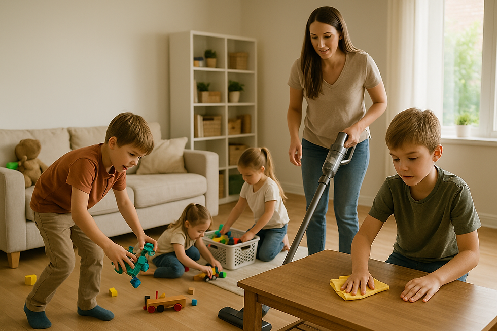 Kids help clean up the house