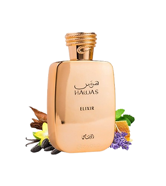 rasasi-Hawas-elixir-perfume-bottle-surrounded-with-lavender-and-vanilla-against-white-back