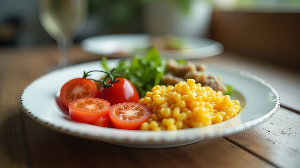 Eye-level view of a colorful plate with balanced healthy food portions
