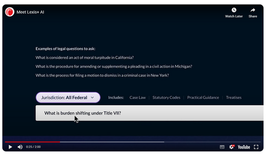 Screenshot of a video walkthrough of Lexis+ AI tool, focusing on the filters next to the search input field