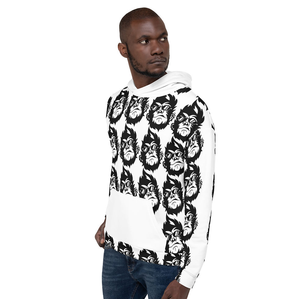 Miniatura: Man wearing white hoodie with repeated face art www.r1clothing.com looking away.