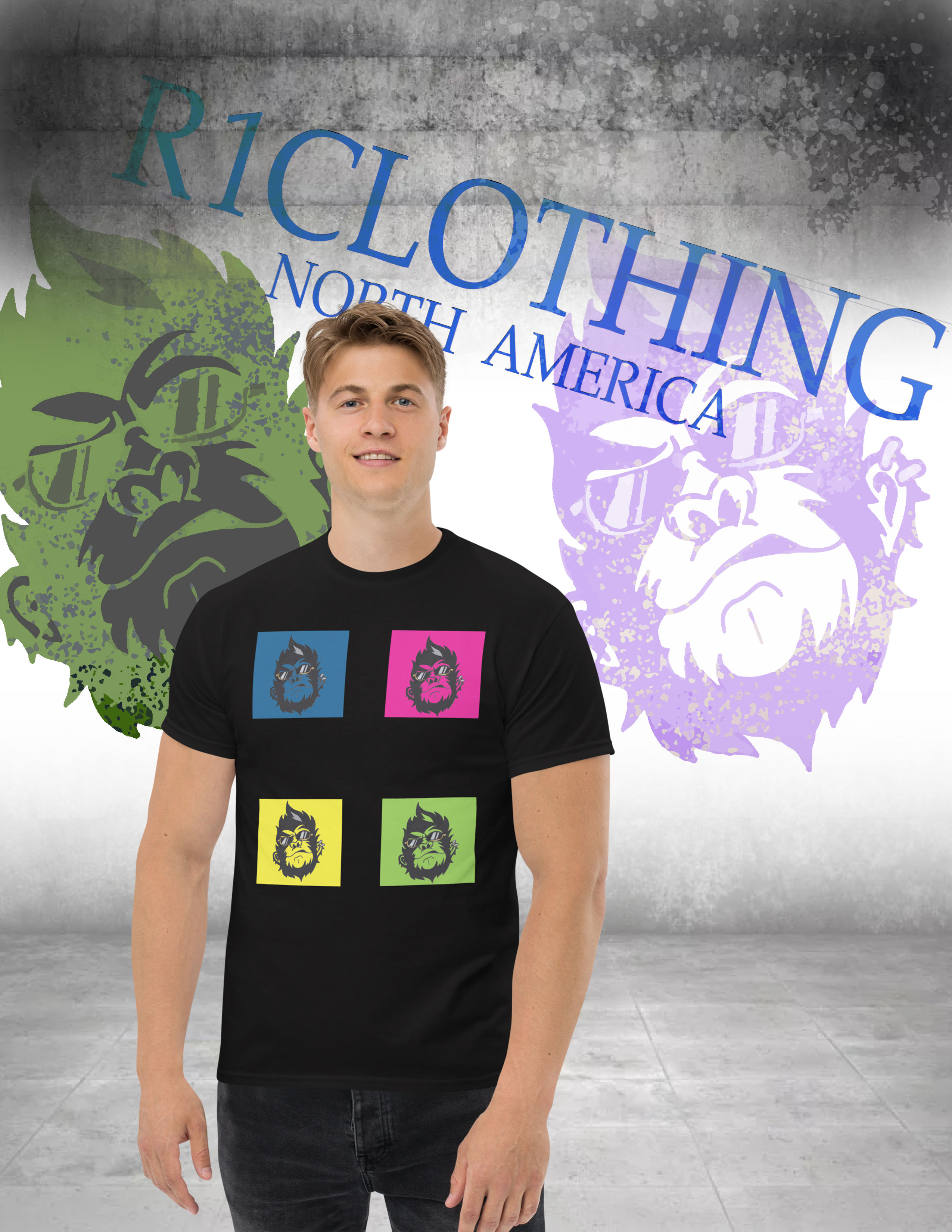 Man wearing R1Clothing tee. R1Clothing North America design with monkey graphic. www.r1clothing.com