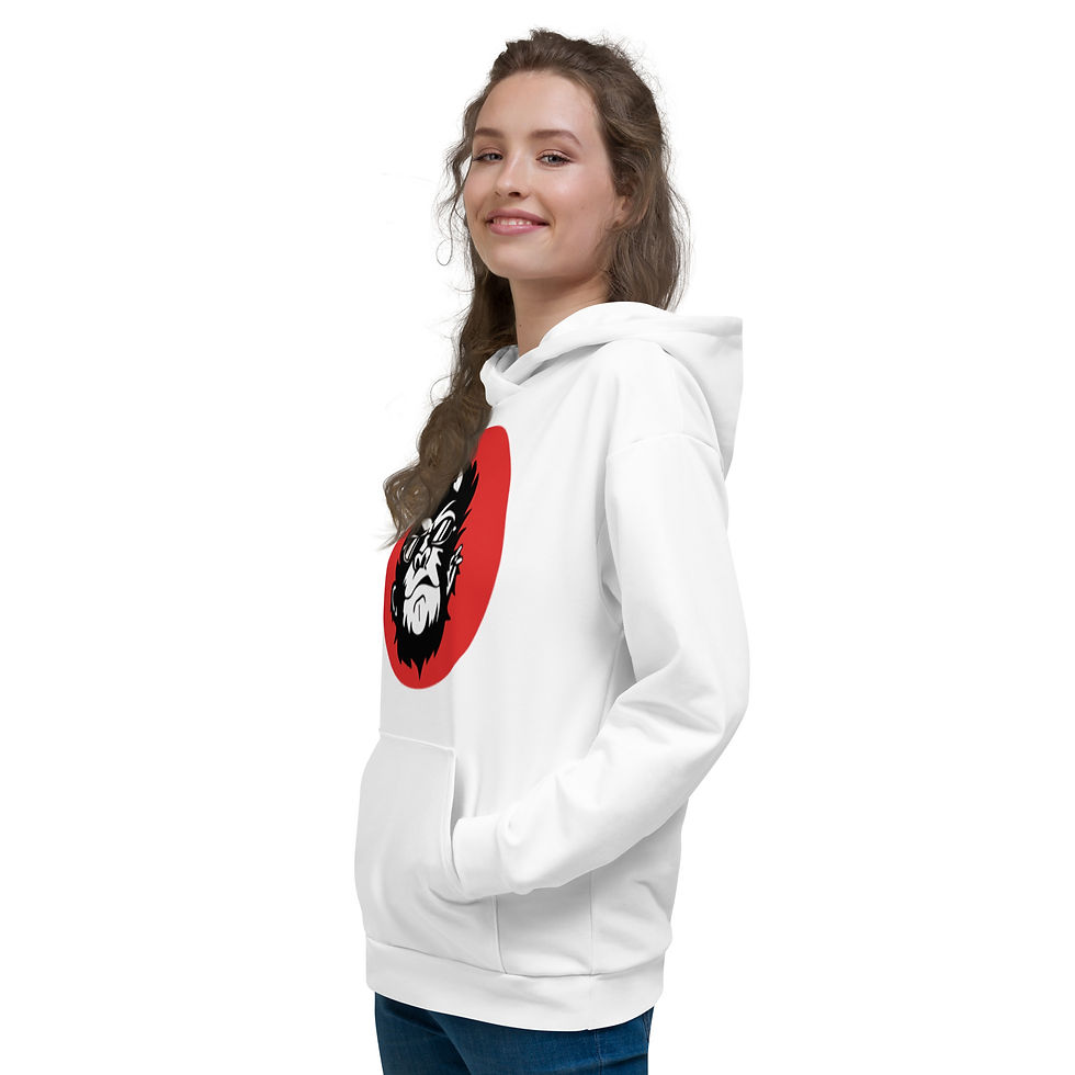الصورة المصغرة: Young woman in white Unisex Hoodie with red graphic design smiling.