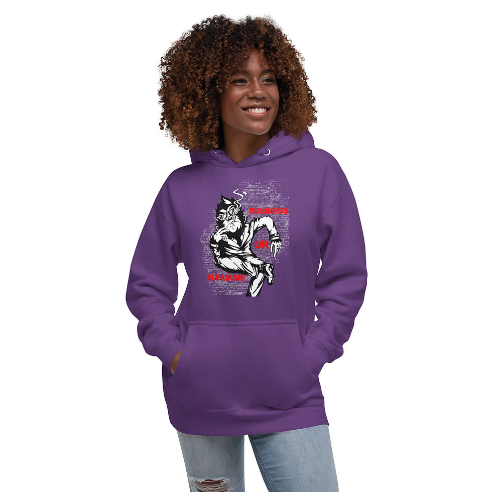 الصورة المصغرة: Smiling woman in purple hoodie with graphic art and text www.r1clothing.com