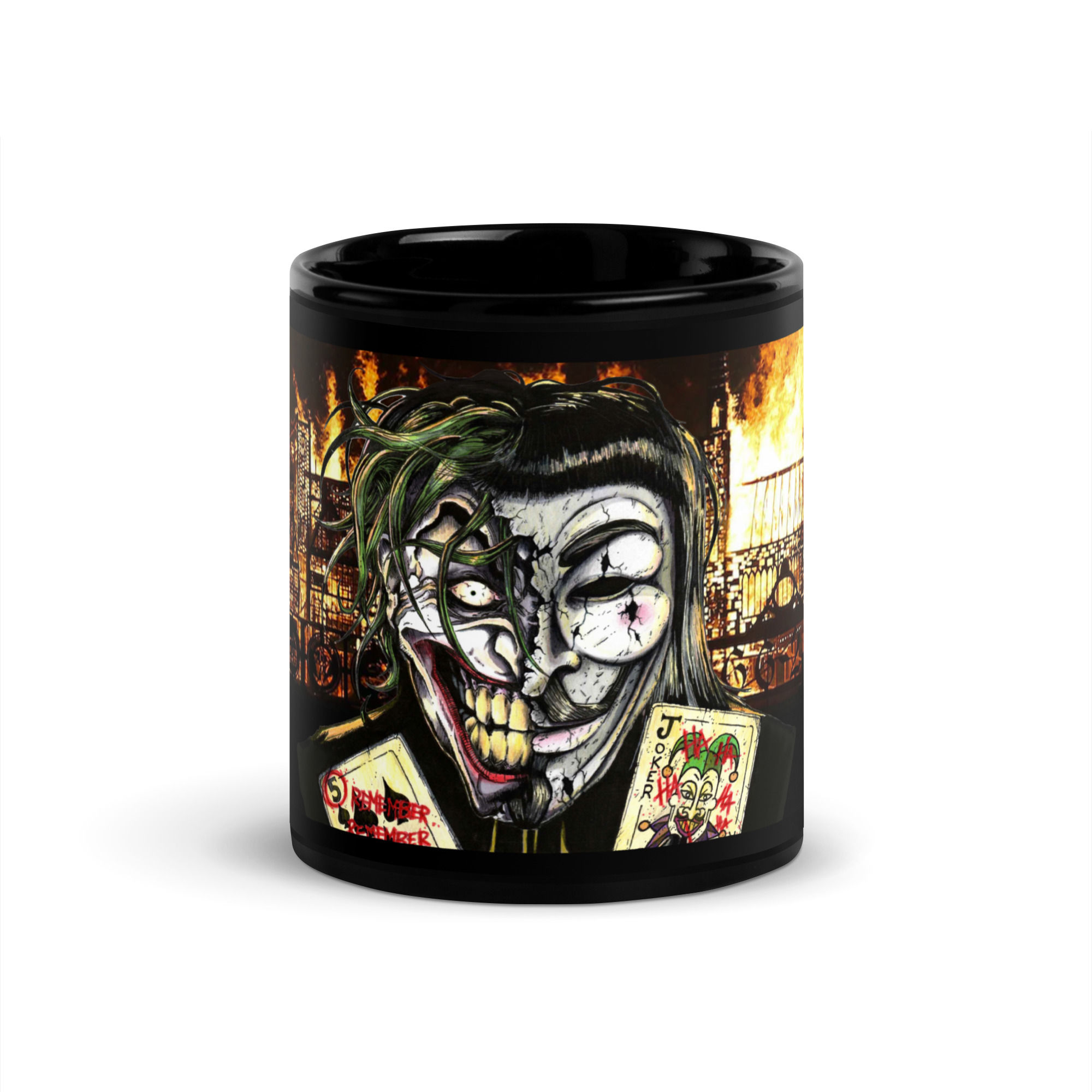 Black mug with Joker face design. www.r1clothing.com