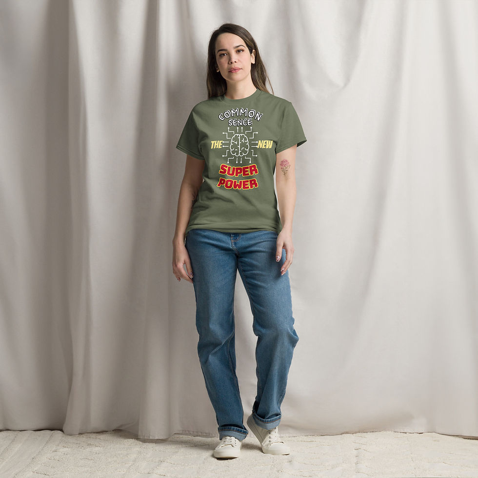 Thumbnail: Woman wearing a green t-shirt that says: Super Power. www.r1clothing.com