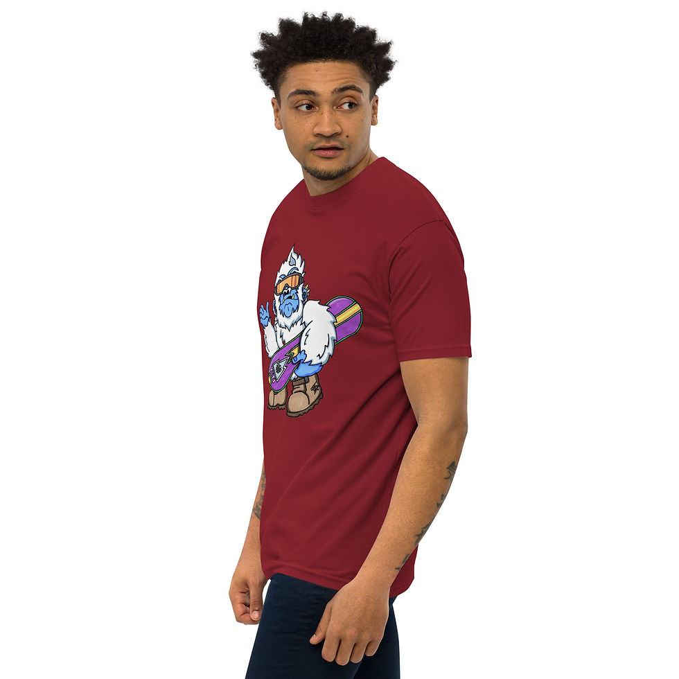 الصورة المصغرة: Man wearing red shirt with yeti graphic next to www.r1clothing.com website.