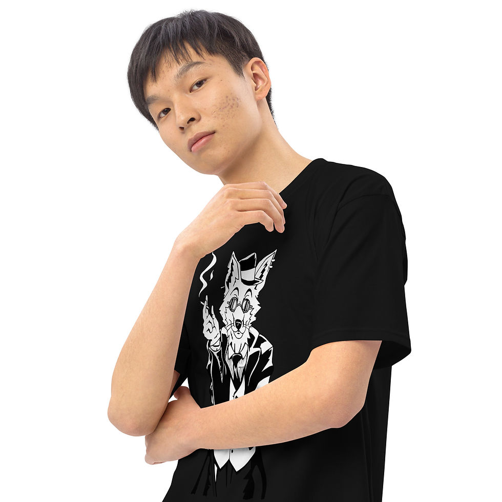 サムネイル： Young Asian man wearing black t-shirt with a white graphic design.