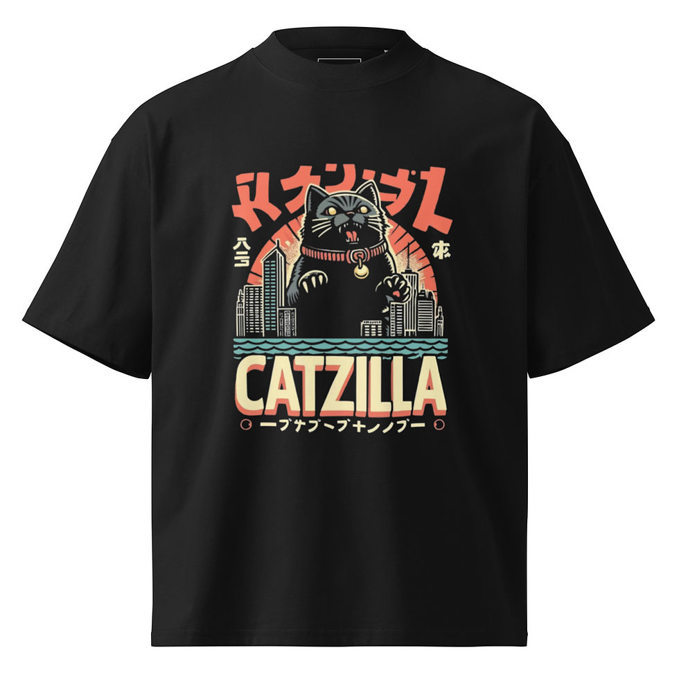الصورة المصغرة: Black Catzilla t-shirt with Japanese text and city background design.