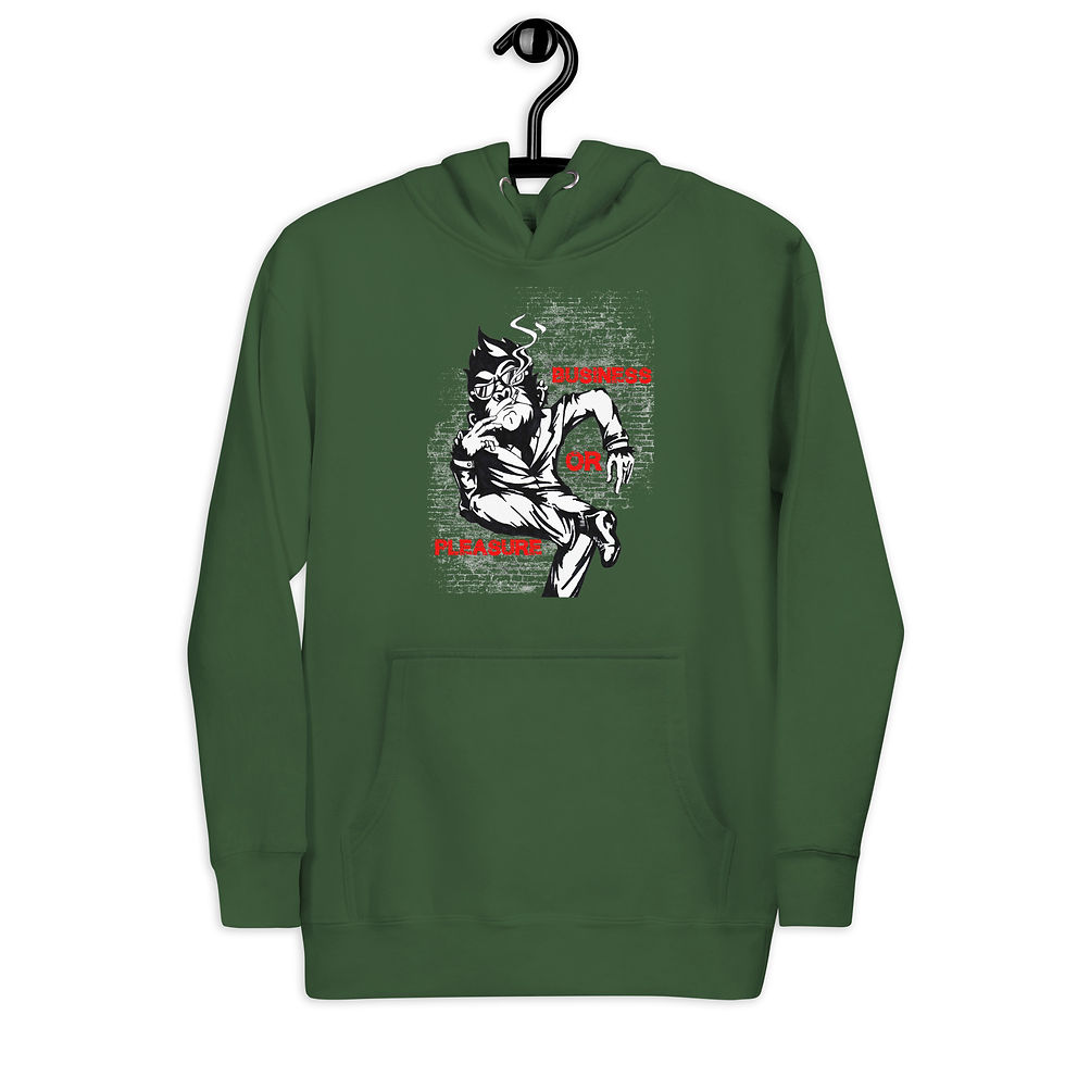 縮圖：Green hoodie with a drawing and text, reads “Joker of sleeping” www.r1clothing.com