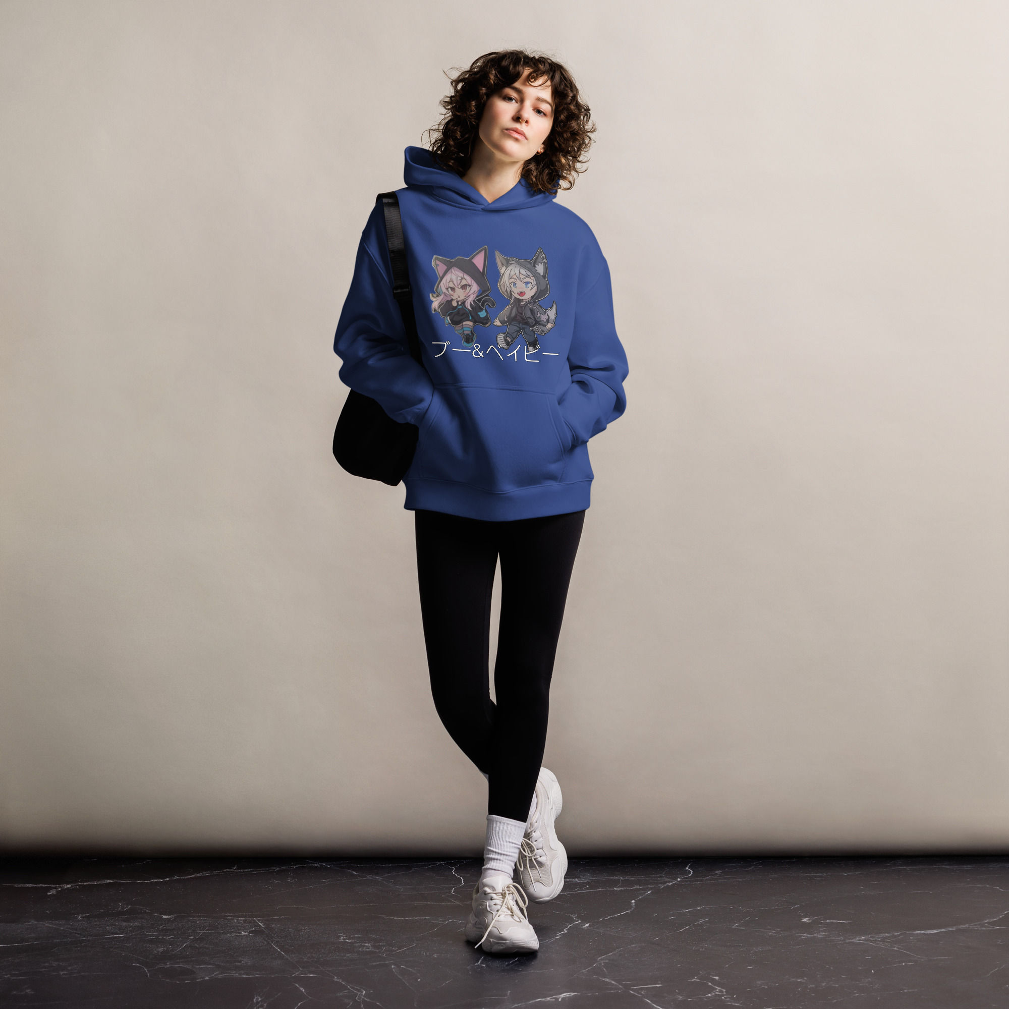 Woman wearing blue hoodie with floral print, Slots ROULETTE Hoodie, black leggings, white sneakers.
