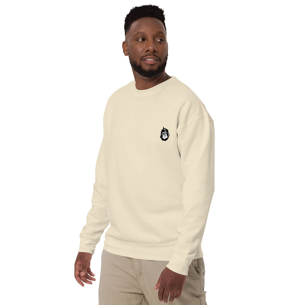 Miniature : Man wearing cream sweater with penguin logo, neutral tones; www.r1clothing.com