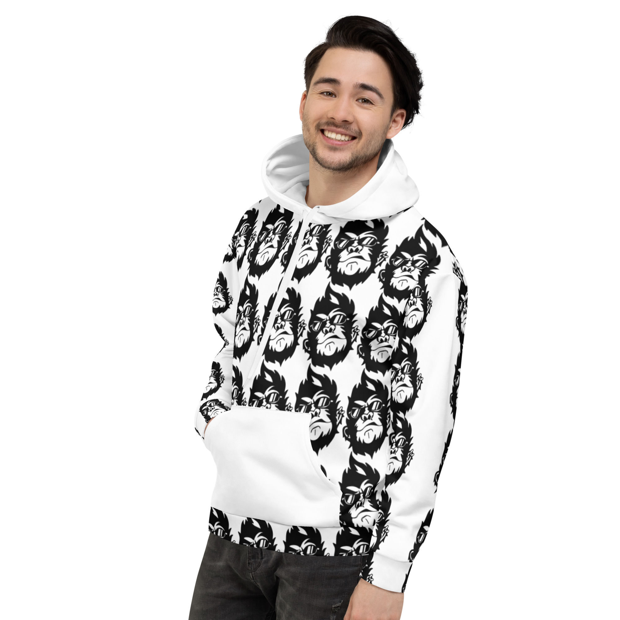Smiling man wearing white hoodie with Bigfoot pattern design. www.r1clothing.com
